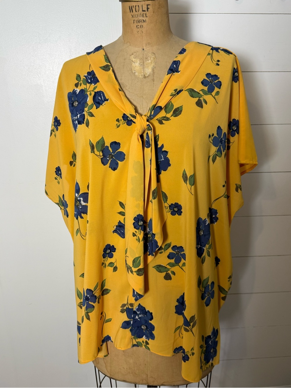 Laurie Felt Yellow Floral Tie-Neck Tunic with Blue Flowers